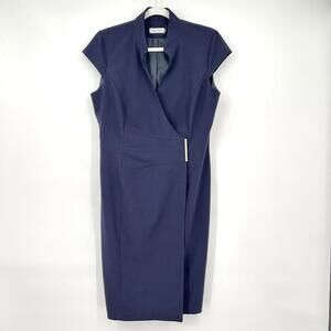 Women's Calvin Klein Cap Sleeve Crossover Wrap Navy Blue Dress 10